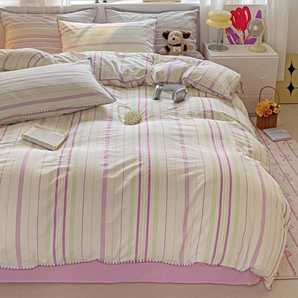 91家纺网 家纺一手货源 找家纺 艾咪 新款贝壳边全棉色织水洗棉四件套三件套 贝壳边漫悠绿紫