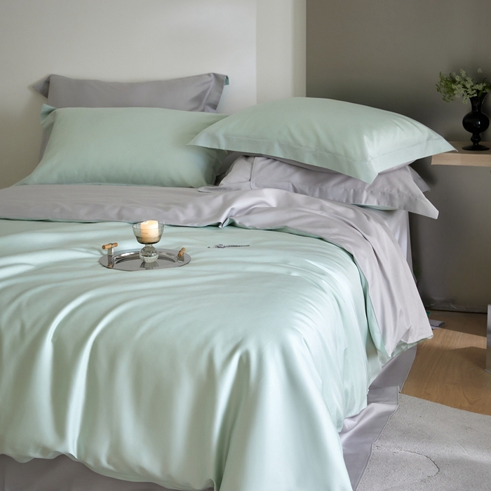 91家纺网 家纺一手货源 找家纺 金奇达2025新款【可芙】-轻氧水光天丝棉四件套（标准号全网控价（折后券后）不低于238元） 可芙-绿+灰