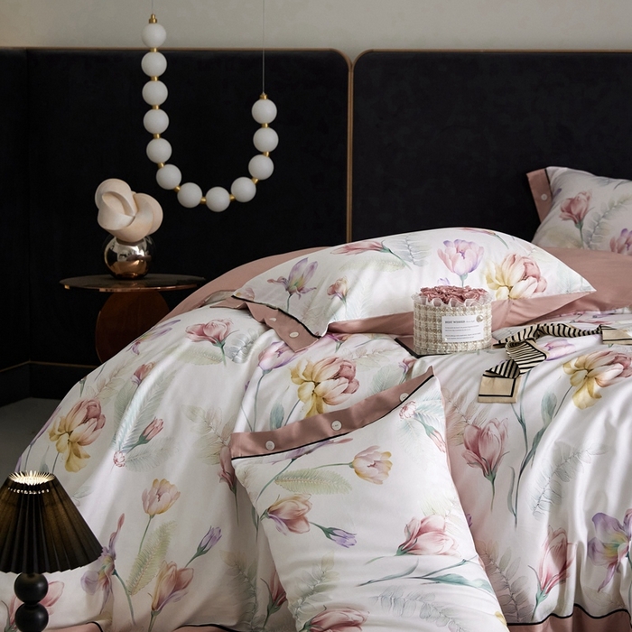 91家纺网 家纺一手货源 找家纺 金奇达2025新款【浮光花漾】-茧养莱赛尔四件套（标准号全网控价（折后券后）不低于258元） 悦颜粉