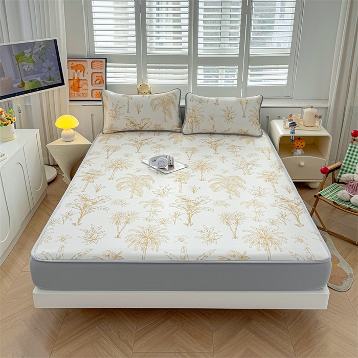 91家纺网 家纺一手货源 找家纺 雯豆家纺 2025夏季新品碳光冰丝凉席床笠款三件套印花小清新绑带冰丝席床罩 碳光冰丝席-床笠款-千枝叶