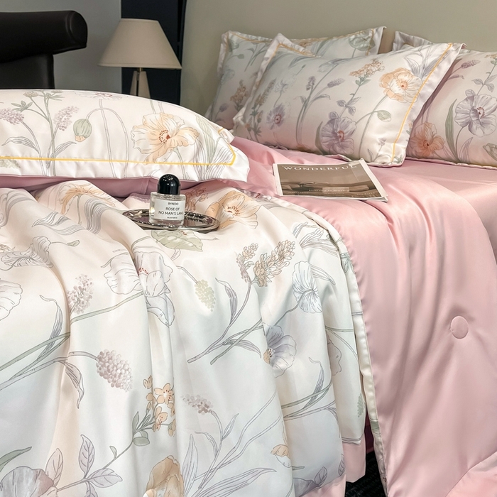 91家纺网 家纺一手货源 找家纺 佳品居 2025新款直播水洗天丝夏被冰丝夏凉被空调被四件套 兮颜粉