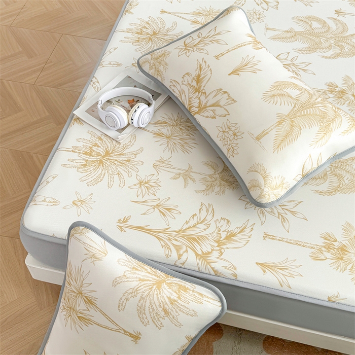 91家纺网 家纺一手货源 找家纺 雯豆家纺 2025夏季新品碳光冰丝凉席床笠款三件套印花小清新绑带冰丝席床罩 碳光冰丝席-床笠款-千枝叶