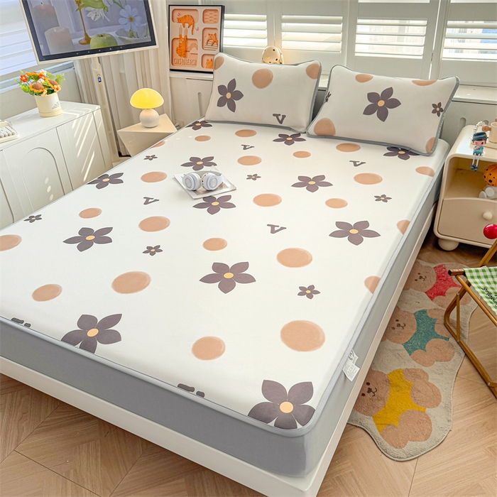 91家纺网 家纺一手货源 找家纺 雯豆家纺 2025夏季新品碳光冰丝凉席床笠款三件套印花小清新绑带冰丝席床罩 碳光冰丝席-床笠款-五瓣花