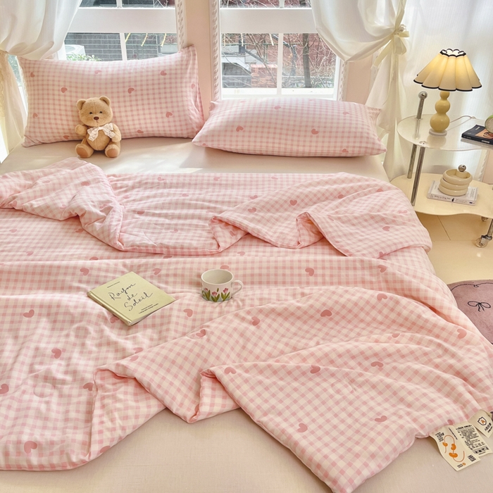 91家纺网 家纺一手货源 找家纺 星巴k家纺 2025糯糯棉A类大豆蛋白纤维夏凉被双层纱水洗棉夏被大豆被 粉格爱心