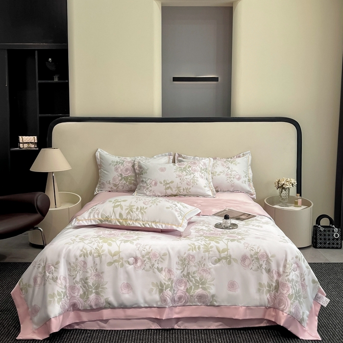 91家纺网 家纺一手货源 找家纺 佳品居 2025新款直播水洗天丝夏被冰丝夏凉被空调被四件套 悦色粉