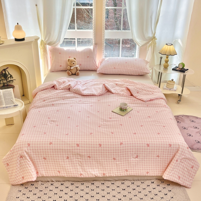 91家纺网 家纺一手货源 找家纺 星巴k家纺 2025糯糯棉A类大豆蛋白纤维夏凉被双层纱水洗棉夏被大豆被 粉格爱心