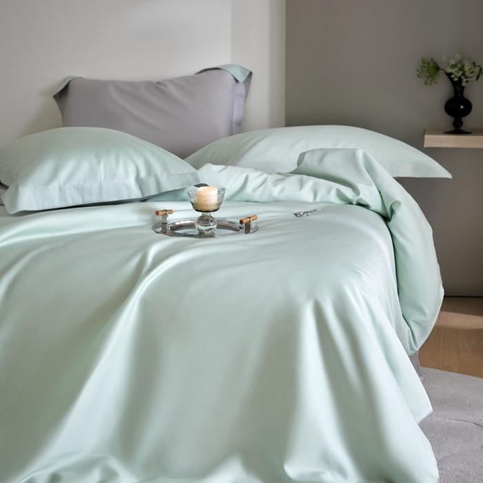 91家纺网 家纺一手货源 找家纺 金奇达2025新款【可芙】-轻氧水光天丝棉四件套（标准号全网控价（折后券后）不低于238元） 可芙-绿+灰