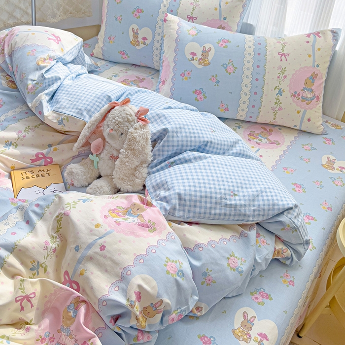 91家纺网 家纺一手货源 找家纺 棉生活家纺 2025新款ins全棉小清新系列四件套 花丛兔