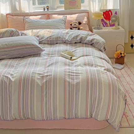 91家纺网 家纺一手货源 找家纺 艾咪 新款贝壳边全棉色织水洗棉四件套三件套 贝壳边西蒙紫