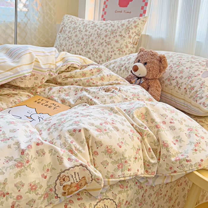 91家纺网 家纺一手货源 找家纺 棉生活家纺 2025新款ins全棉小清新系列四件套 清茶小熊