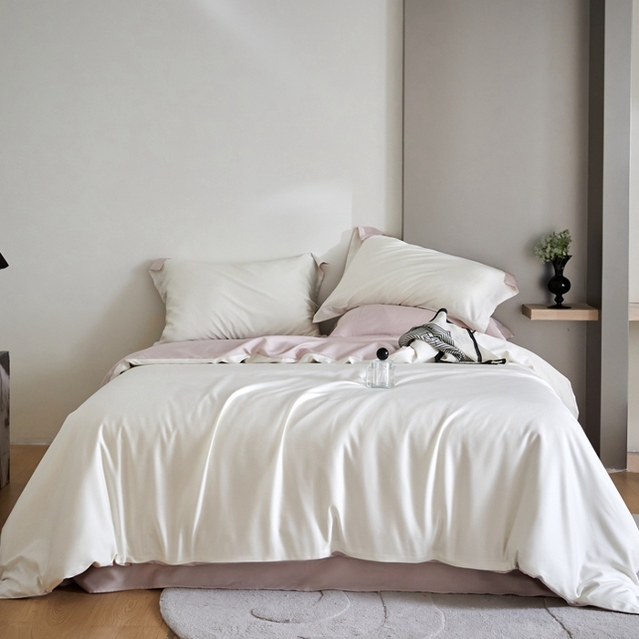 91家纺网 家纺一手货源 找家纺 金奇达2025新款【可芙】-轻氧水光天丝棉四件套（标准号全网控价（折后券后）不低于238元） 可芙-白+粉