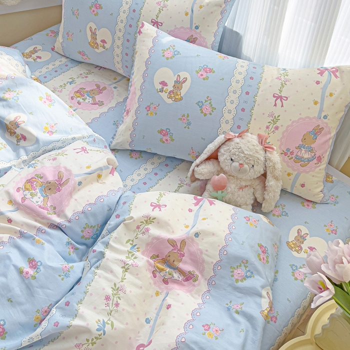 91家纺网 家纺一手货源 找家纺 棉生活家纺 2025新款ins全棉小清新系列四件套 花丛兔