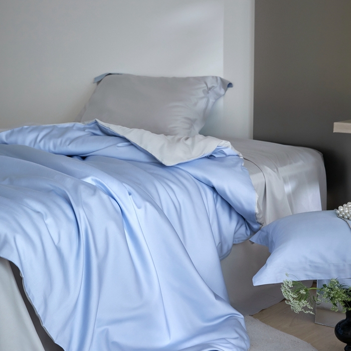 91家纺网 家纺一手货源 找家纺 金奇达2025新款【可芙】-轻氧水光天丝棉四件套（标准号全网控价（折后券后）不低于238元） 可芙-蓝+灰