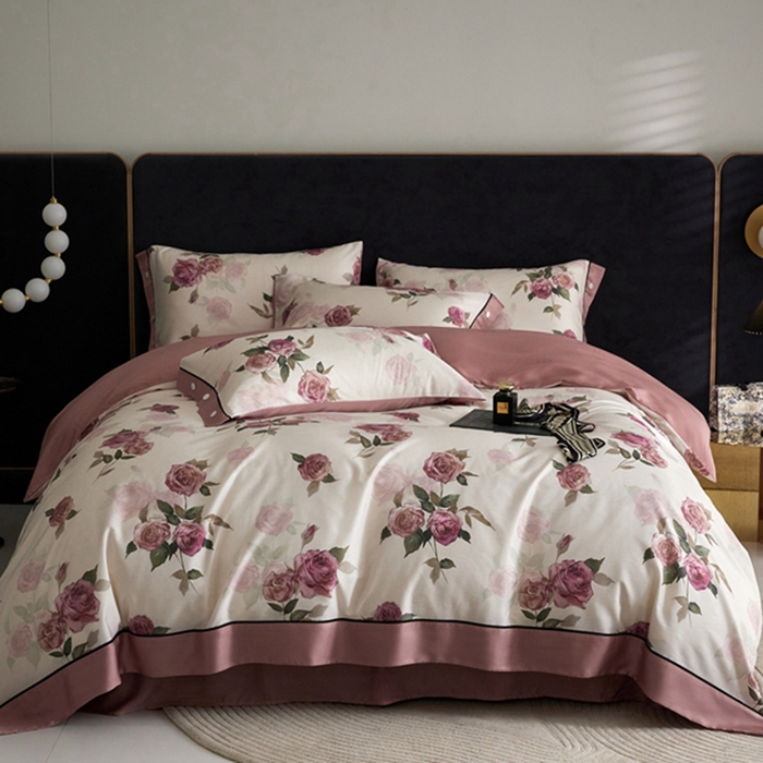 91家纺网 家纺一手货源 找家纺 金奇达2025新款【浮光花漾】-茧养莱赛尔四件套（标准号全网控价（折后券后）不低于258元） 暗夜玫瑰
