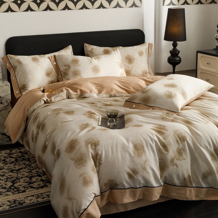 91家纺网 家纺一手货源 找家纺 金奇达2025新款【浮光半夏】-茧养莱赛尔四件套（标准号全网控价（折后券后）不低于258元） 满庭芳-松咖