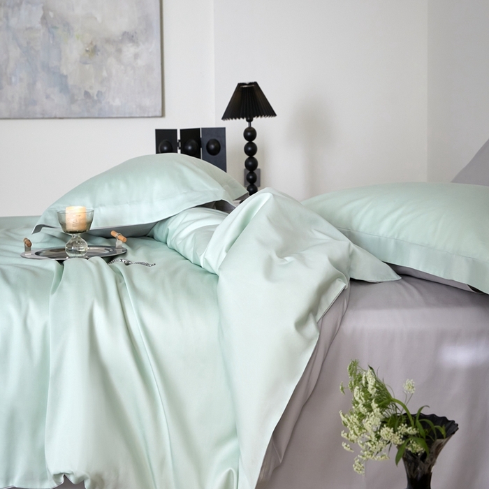 91家纺网 家纺一手货源 找家纺 金奇达2025新款【可芙】-轻氧水光天丝棉四件套（标准号全网控价（折后券后）不低于238元） 可芙-绿+灰