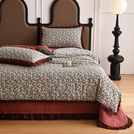 91家纺网 家纺一手货源 找家纺 （总）金艾草2026新款A类纯棉双层纱皱皱纱花边床盖四件套（复古风）