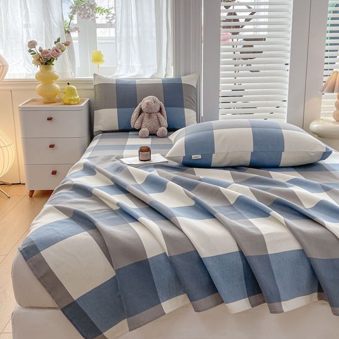 91家纺网 家纺一手货源 找家纺 米柳2025新款原棉老粗布凉席系列 湛蓝大格