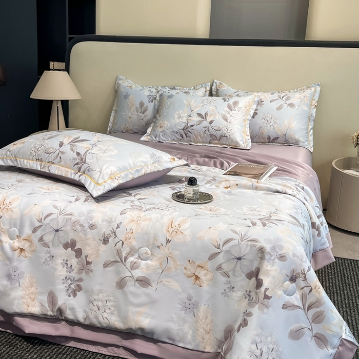 91家纺网 家纺一手货源 找家纺 佳品居 2025新款直播水洗天丝夏被冰丝夏凉被空调被四件套 羽叶