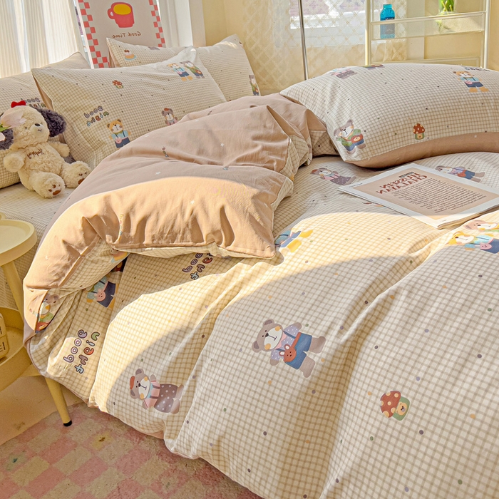 91家纺网 家纺一手货源 找家纺 棉生活家纺 2025新款ins全棉小清新系列四件套 小熊系铃