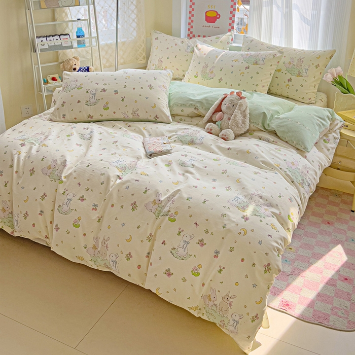 91家纺网 家纺一手货源 找家纺 棉生活家纺 2025新款ins全棉小清新系列四件套 月下小兔