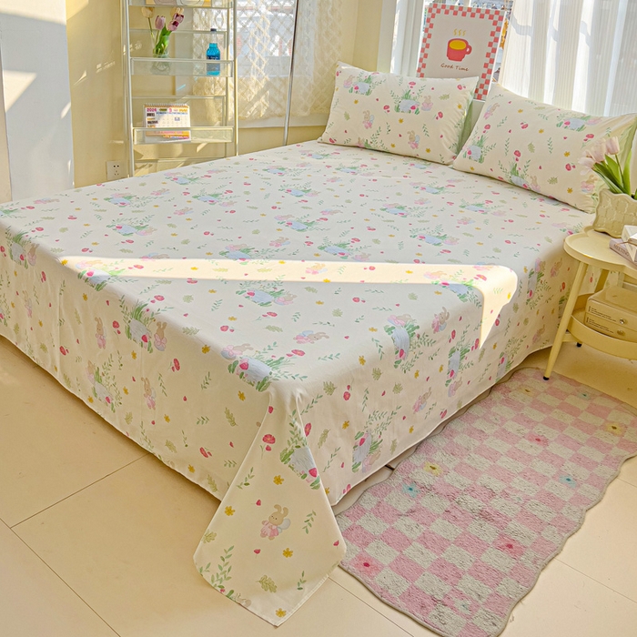 91家纺网 家纺一手货源 找家纺 棉生活家纺 2025新款ins全棉小清新系列单品床单 精灵小兔