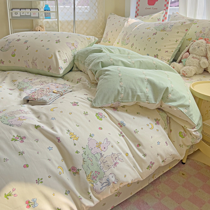 91家纺网 家纺一手货源 找家纺 棉生活家纺 2025新款ins全棉小清新系列四件套 月下小兔