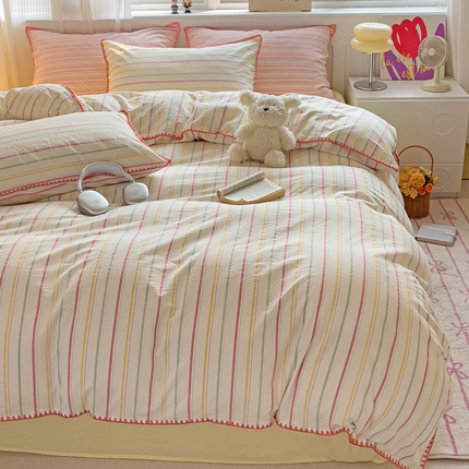 91家纺网 家纺一手货源 找家纺 艾咪 新款贝壳边全棉色织水洗棉四件套三件套 贝壳边且乐粉