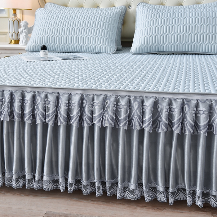 91家纺网 家纺一手货源 找家纺 诺梵 2025新款可拆卸乳胶凉席三件套床裙款 可拆蓝灰