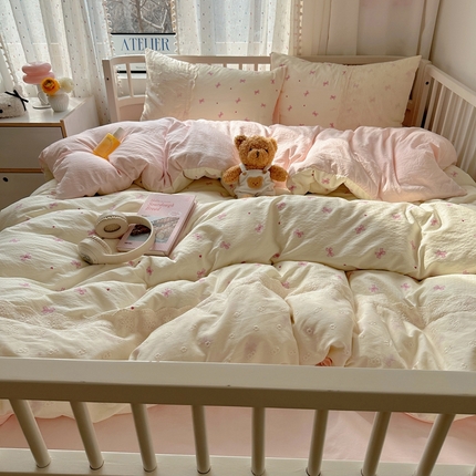 顾里2025新款蕾丝花边云感双层纱套件四件套 粉蝴蝶结