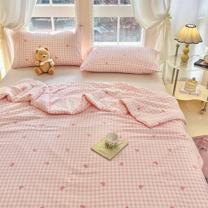 91家纺网 家纺一手货源 找家纺 星巴k家纺 2025糯糯棉A类大豆蛋白纤维夏凉被双层纱水洗棉夏被大豆被 粉格爱心