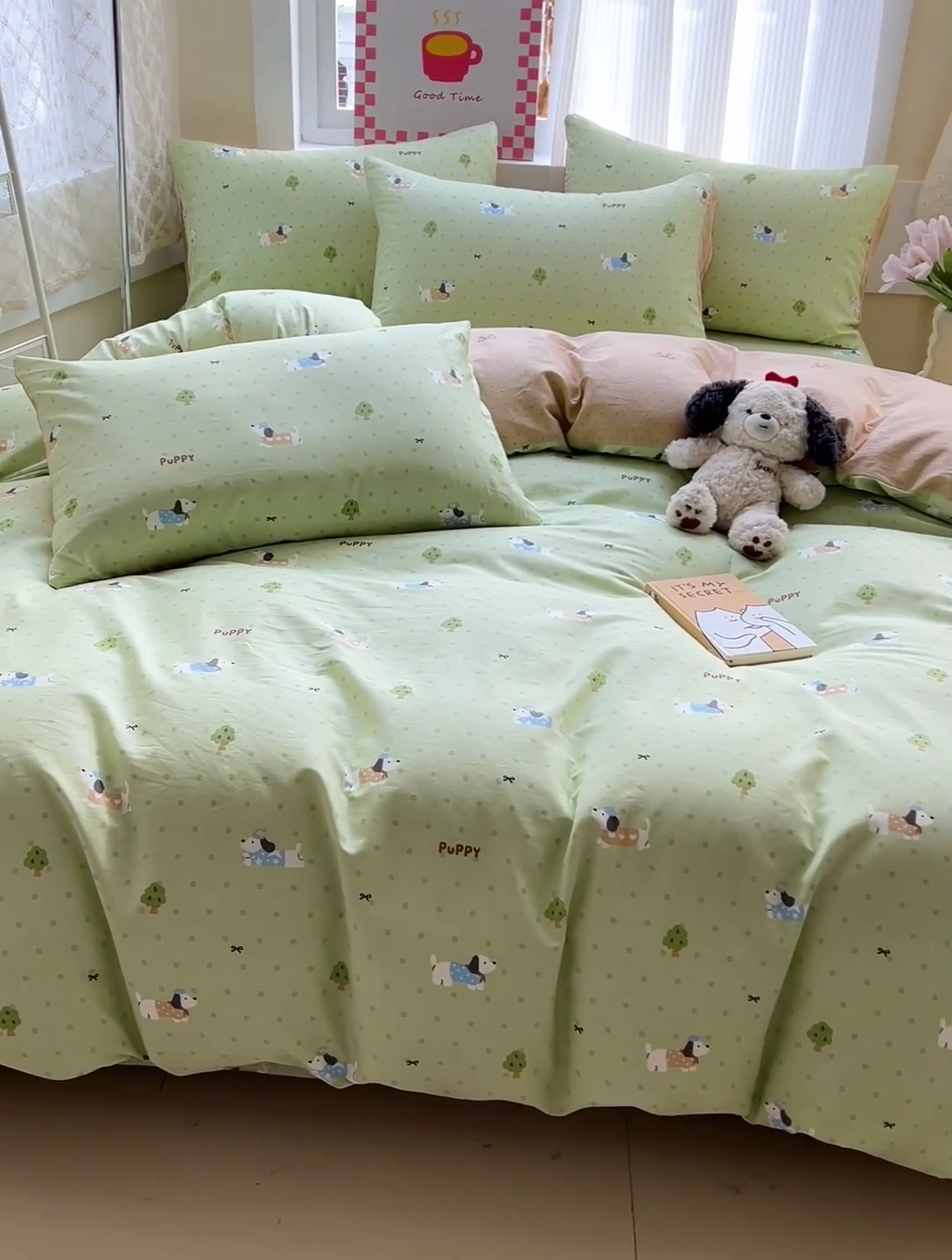 91家纺网 家纺一手货源 找家纺 棉生活家纺 2025新款ins全棉小清新系列四件套 嗨皮狗狗