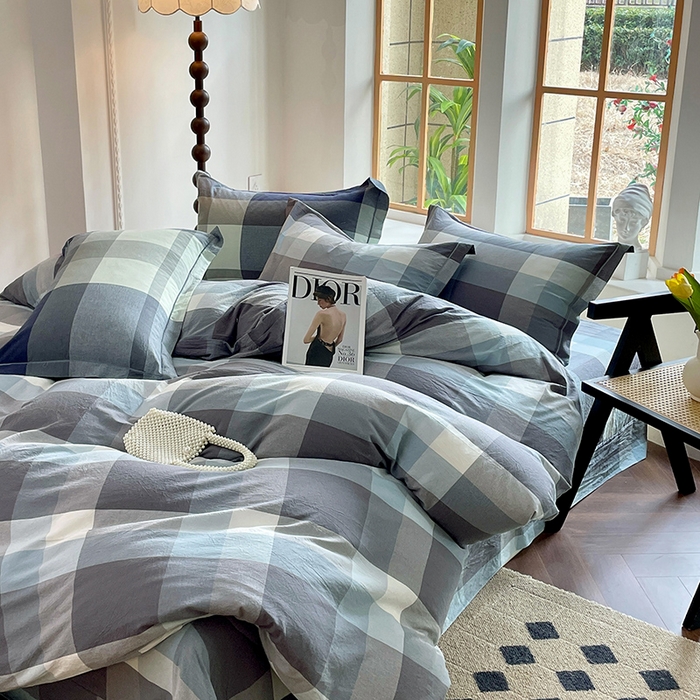 91家纺网 家纺一手货源 找家纺 喜四方 2025新款全棉色织水洗棉四件套 米夕大格-灰