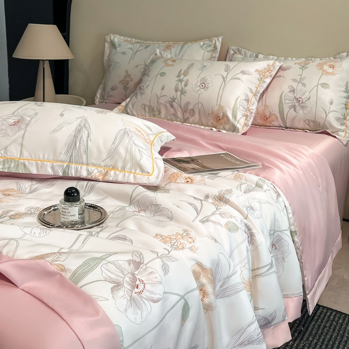 91家纺网 家纺一手货源 找家纺 佳品居 2025新款直播水洗天丝夏被冰丝夏凉被空调被四件套 兮颜粉