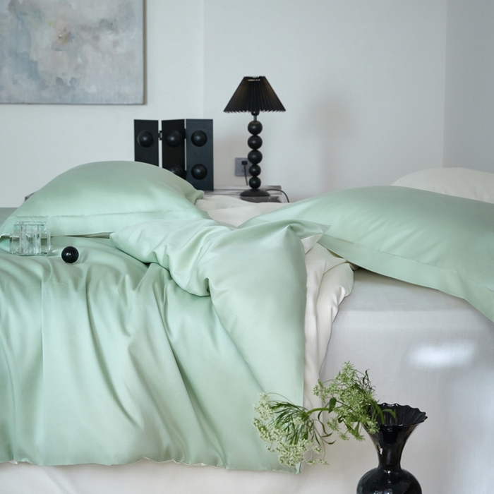 91家纺网 家纺一手货源 找家纺 金奇达2025新款【可芙】-轻氧水光天丝棉四件套（标准号全网控价（折后券后）不低于238元） 可芙-绿+白