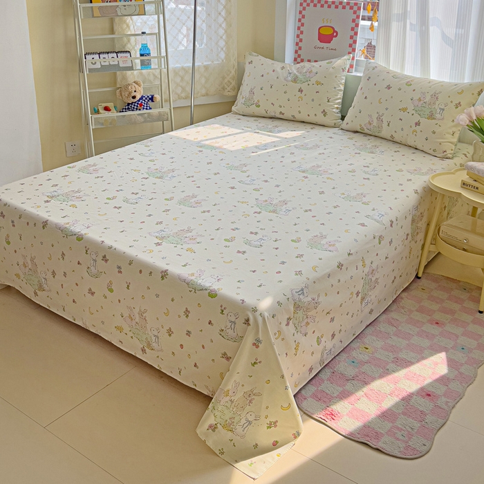 91家纺网 家纺一手货源 找家纺 棉生活家纺 2025新款ins全棉小清新系列单品床单 月下小兔