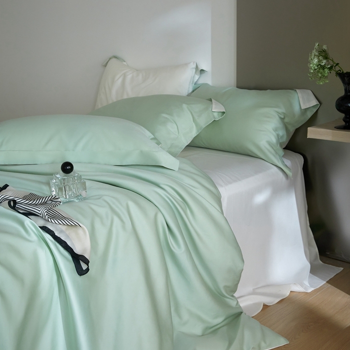 91家纺网 家纺一手货源 找家纺 金奇达2025新款【可芙】-轻氧水光天丝棉四件套（标准号全网控价（折后券后）不低于238元） 可芙-绿+白