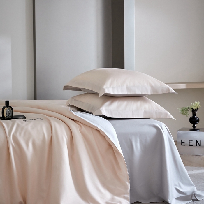 91家纺网 家纺一手货源 找家纺 金奇达2025新款【可芙】-轻氧水光天丝棉四件套（标准号全网控价（折后券后）不低于238元） 可芙-杏+灰