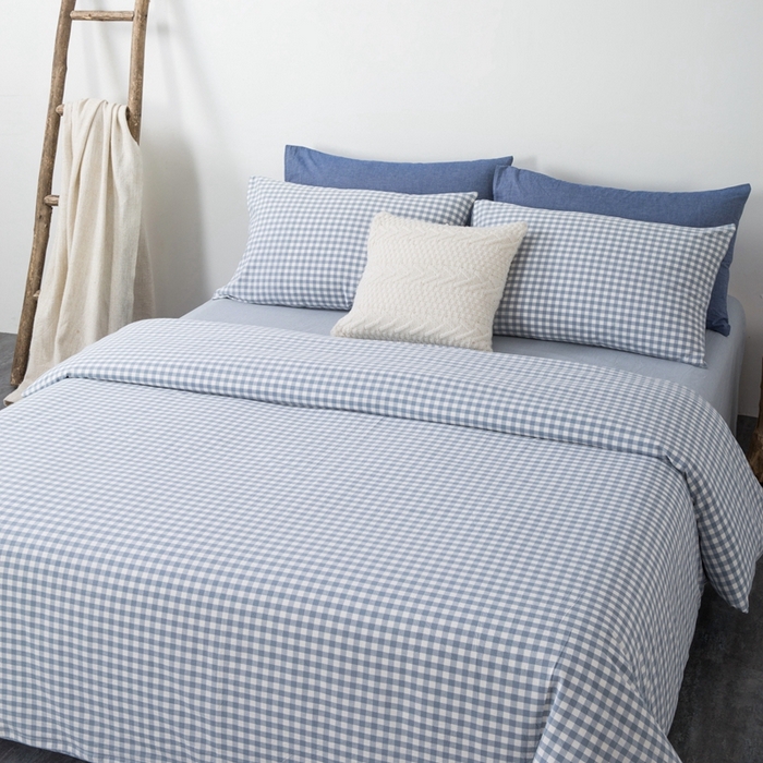 91家纺网 家纺一手货源 找家纺 玖弘家居 2025新款水洗棉单被套 浅蓝小格