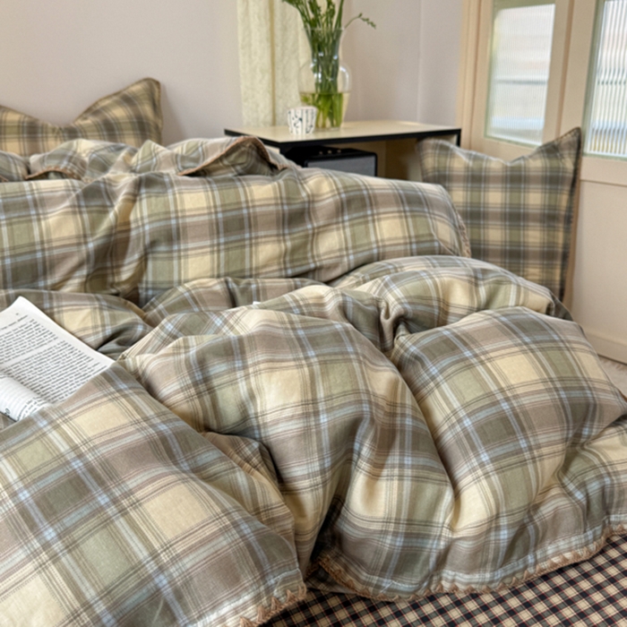 91家纺网 家纺一手货源 找家纺 金丝鸟家纺 2025新款全棉双层纱贝壳边四件套格子系列 轨迹绿格