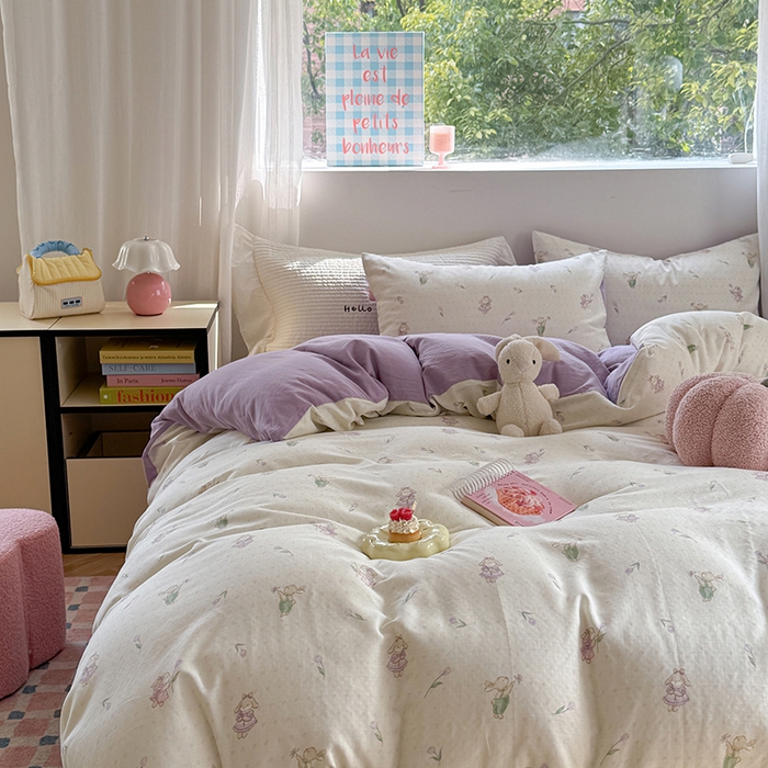 91家纺网 家纺一手货源 找家纺 2025新款全棉有氧双层纱四件套-卡通系列 郁金香甜兔