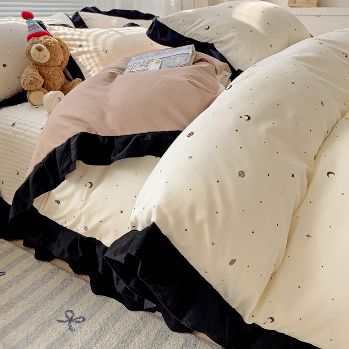 91家纺网 家纺一手货源 找家纺 富米莱（原臻工厂）2025新款A类针织双层纱赫本风床盖四件套 星空物语一咖