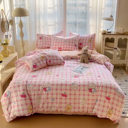 悦织湾家纺2025新款高克重卡通水洗棉印花四件套学生宿舍单双人床上用品三四件套 卡通-喵趣樱桃