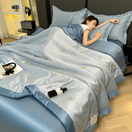 满羽家纺 2025新款水洗冰丝刺绣夏被四件套 字母 兰+灰