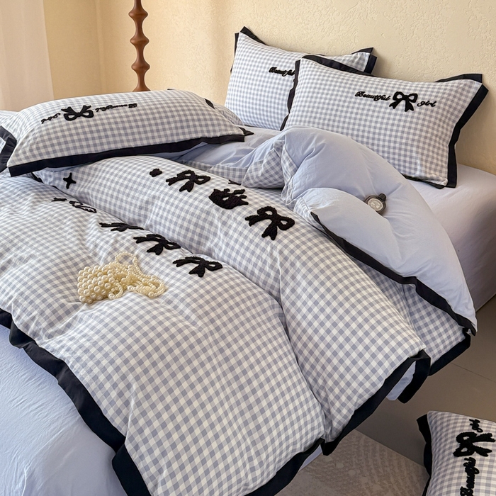 91家纺网 家纺一手货源 找家纺 米可2025新款水洗棉绣花花边款四件套 蝴蝶结-蓝