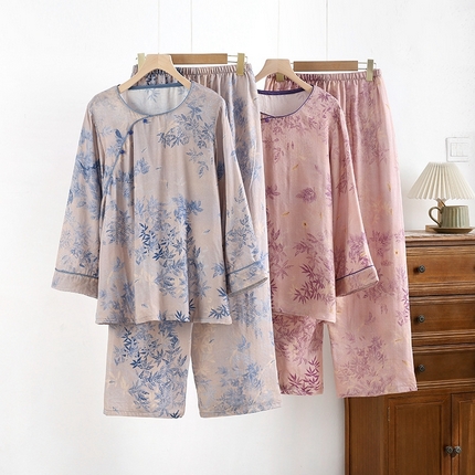 洛兰沙家居馆【只代发】【只代发】 2025新款国风竹纤维鸟语花香春夏女睡衣大码长袖长裤自带凉感休闲套装 ls1311