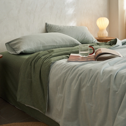 千朵森 2025新款A类全棉色织水洗棉夏被被子被芯 豆绿细条纹
