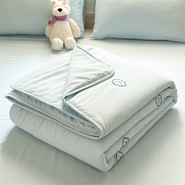 91家纺网 家纺一手货源 找家纺 盛秋家纺 2026新款A类水洗棉刺绣夏被 天空蓝云朵