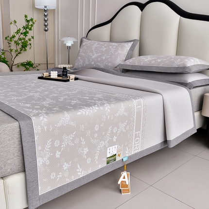 小牛席业 2025新款半定位小提花凉感冰丝席系列凉席藤席冰藤双面席冰丝席竹席凉席空调席草席三件套 香槟