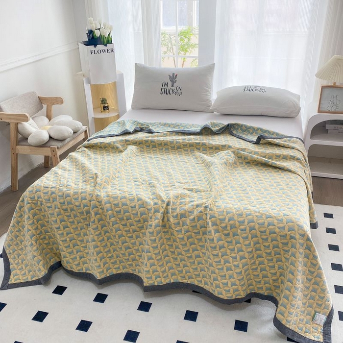 91家纺网 家纺一手货源 找家纺 鸣升家纺 2025新款a类全棉三层纱多功能毛巾被盖毯床单夏被空调被 风车黄